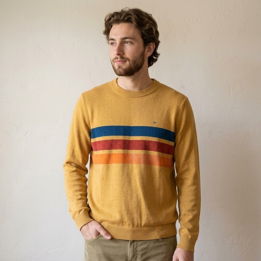 Outerknown Mens Nostalgic Sweater Medium Yellow Striped Crewneck Organic Cotton
